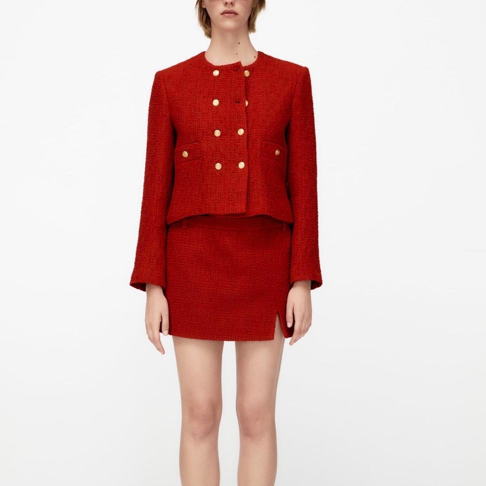Zara Red Tweed Mini Skirt with Slit SMALL